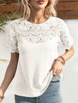 Round Neck Short Sleeve Crochet Top - Trendsi - Flyclothing LLC