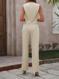 Button Down V-Neck Vest and Pants Set - Trendsi