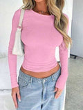 Solid Color Round Neck Long Sleeve T-Shirt - Trendsi - Flyclothing LLC