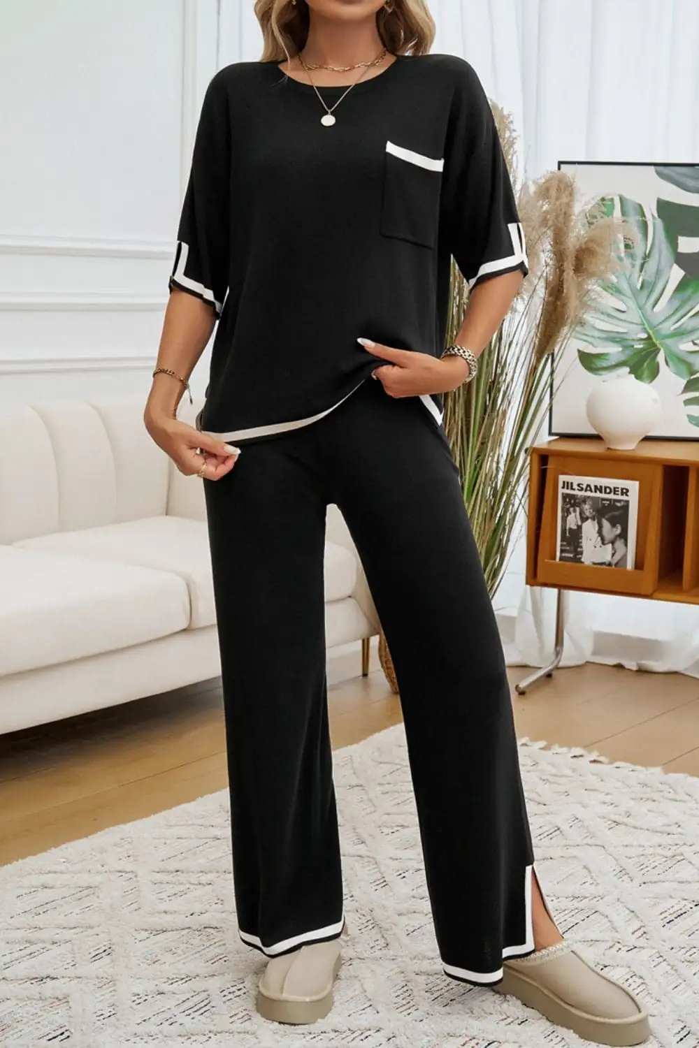 Devine Contrast Trim Half Sleeve Top and Pants Set - Trendsi - Flyclothing LLC