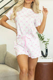 Bow Print Lettuce Trim Round Neck Top and Shorts Lounge Set - Trendsi - Flyclothing LLC