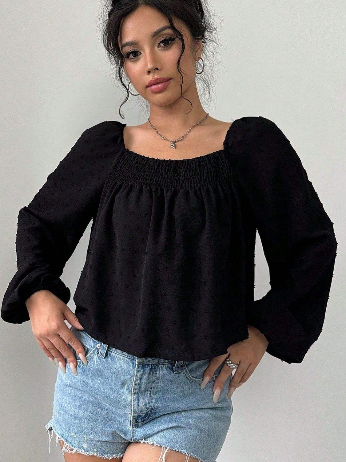 Swiss Dot Square Neck Long Sleeve Blouse - Trendsi - Flyclothing LLC