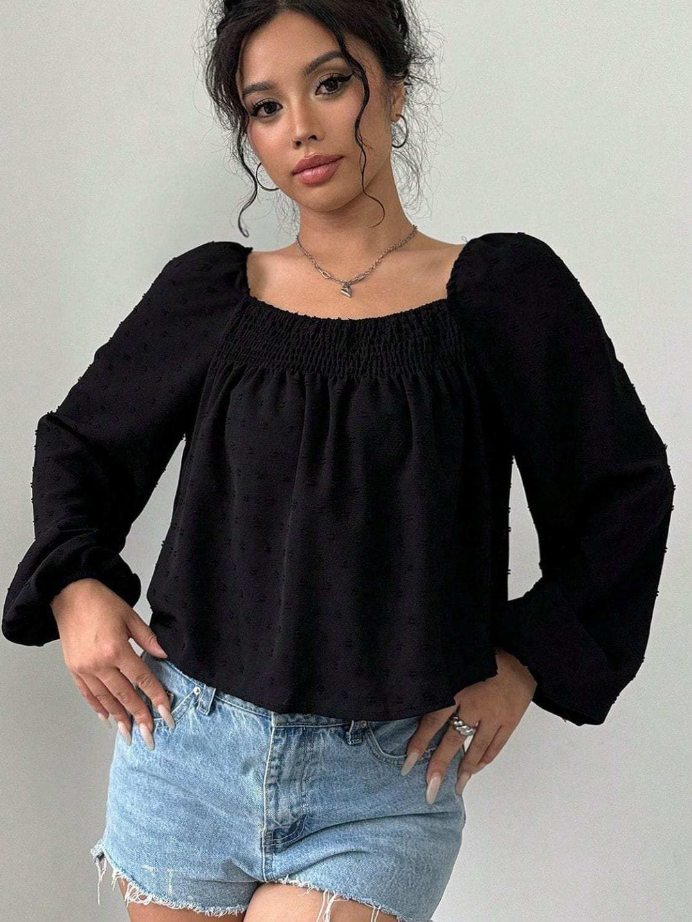 Swiss Dot Square Neck Long Sleeve Blouse - Trendsi - Flyclothing LLC