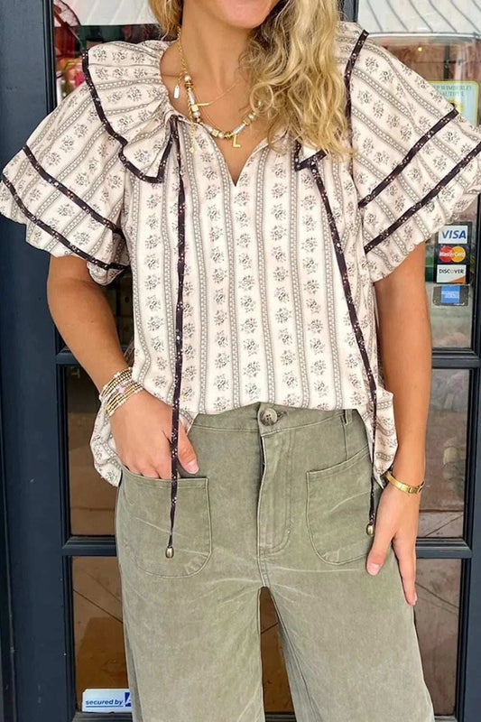 Floral Ruffled Collar Short Puff Sleeve Printed Blouse - Trendsi - Flyclothing LLC