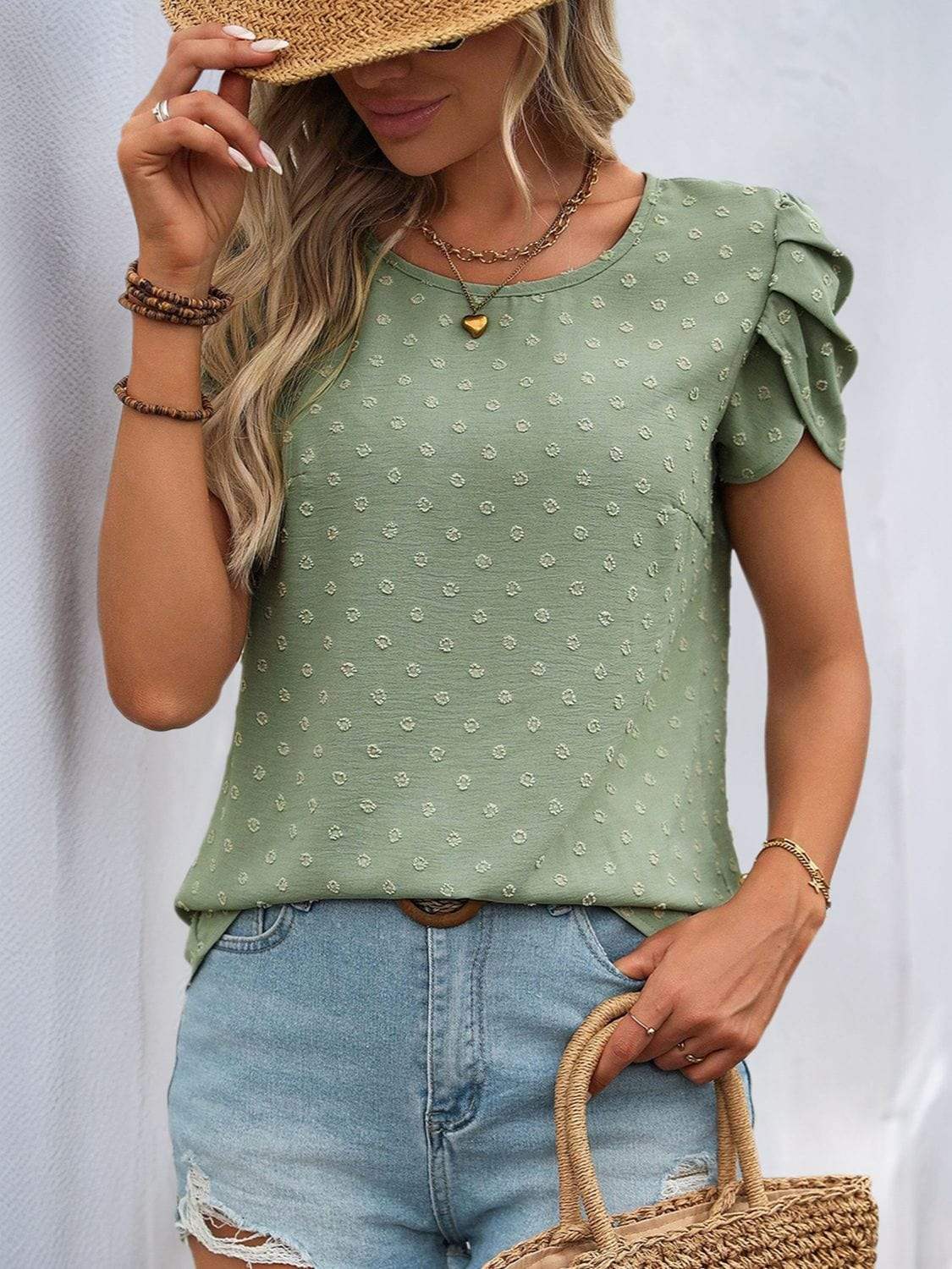 Perfee Swiss Dot Round Neck Petal Sleeve Blouse - Trendsi - Flyclothing LLC