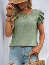Perfee Swiss Dot Round Neck Petal Sleeve Blouse - Trendsi - Flyclothing LLC
