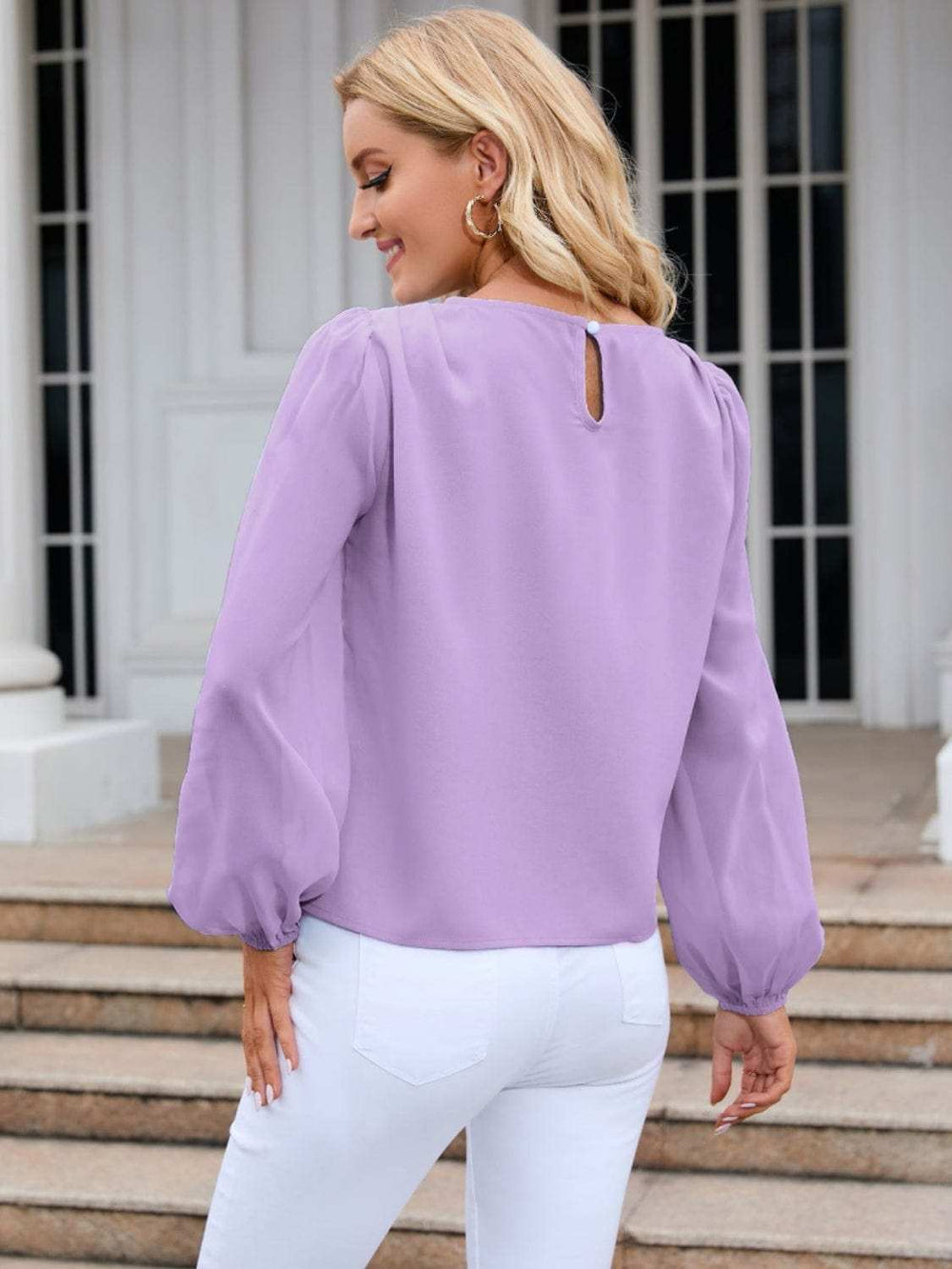Round Neck Balloon Sleeve Blouse - Trendsi - Flyclothing LLC