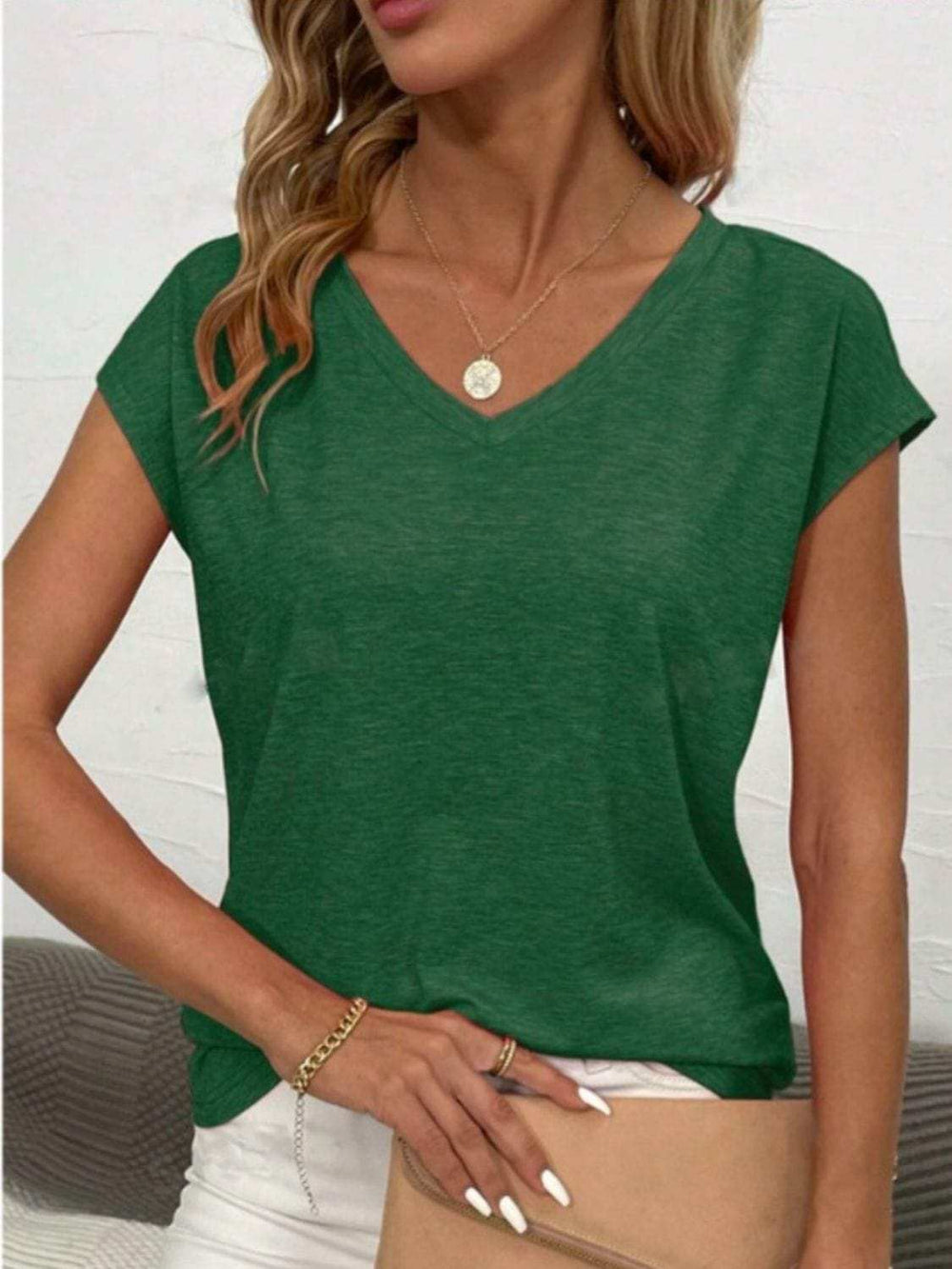 V-Neck Short Sleeve T-Shirt - Trendsi - Flyclothing LLC