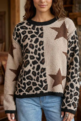 Leopard Star Pattern Round Neck Long Sleeve Shift Sweater - Trendsi - Flyclothing LLC
