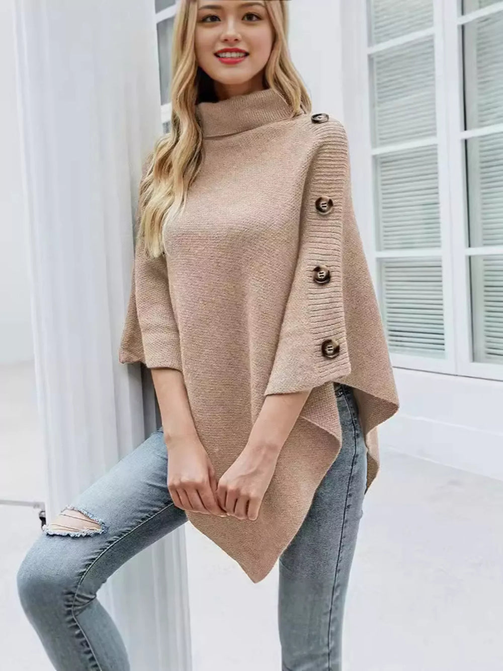 Button-Decor Turtleneck Poncho Pullover - Trendsi - Flyclothing LLC
