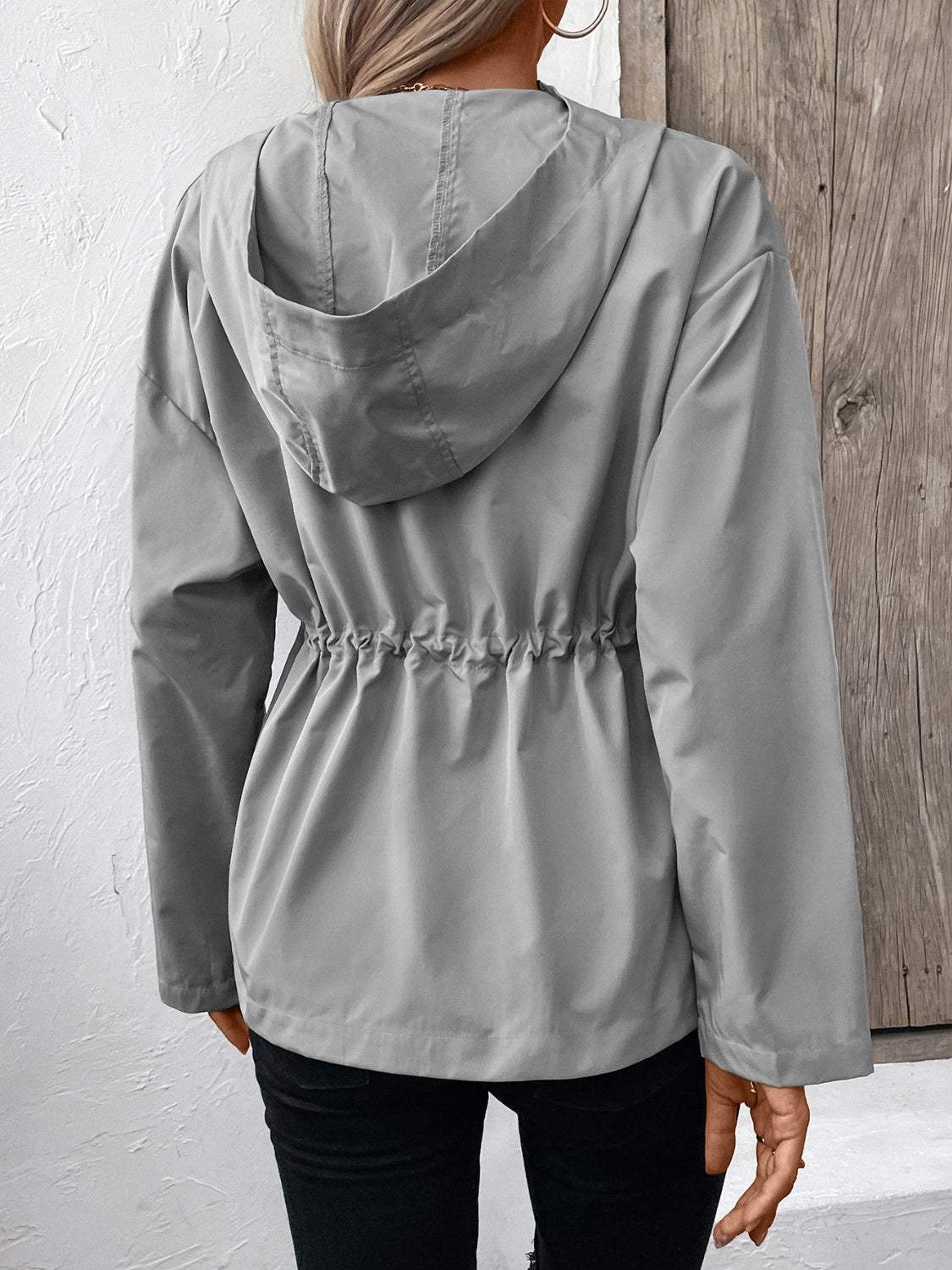Drawstring Zip Up Hooded Jacket - Trendsi - Flyclothing LLC