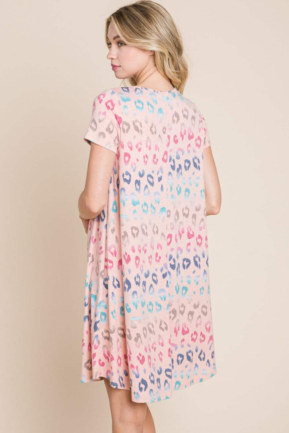 BOMBOM Leopard Round Neck Short Sleeve Dress - Trendsi - Flyclothing LLC