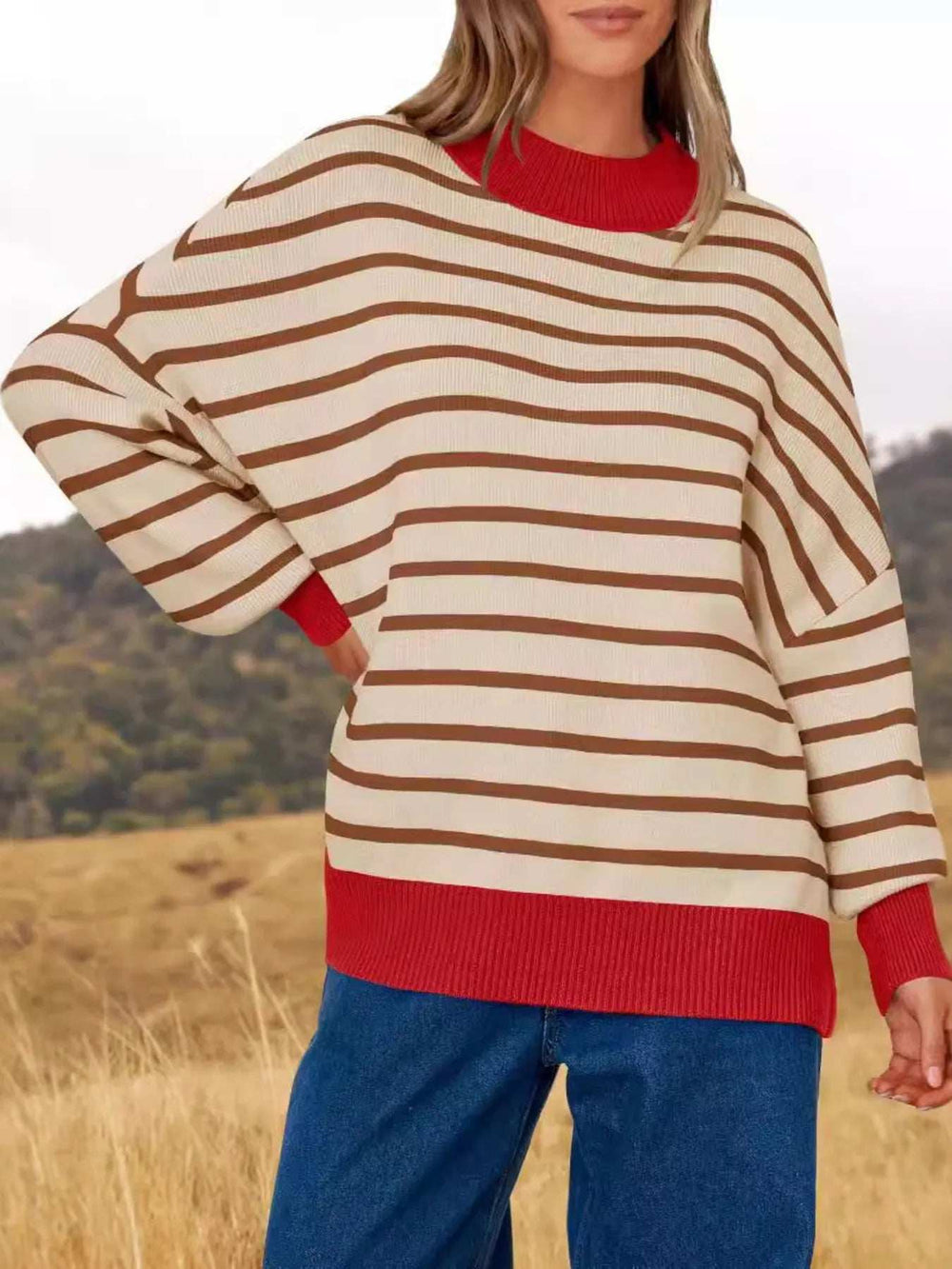 Striped Round Neck Long Sleeve Sweater - Trendsi - Flyclothing LLC