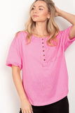 VERY J Twisted Sleeve Band Half Button Top - Trendsi