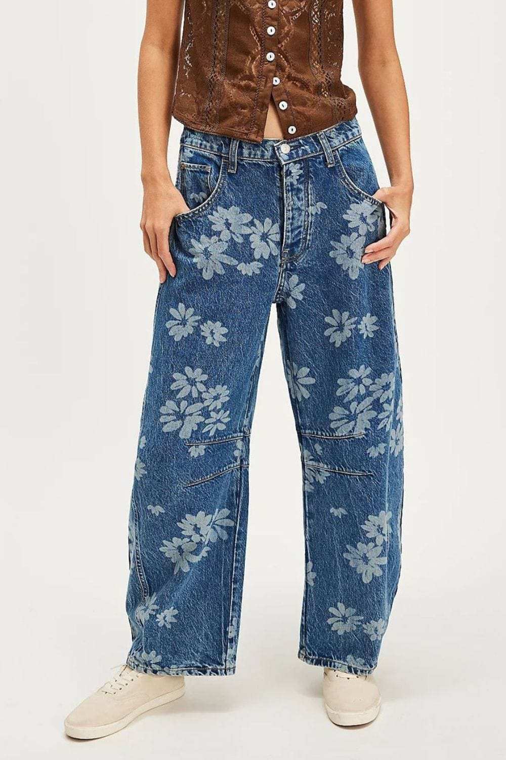 Flower Print Wide Leg Jeans - Trendsi - Flyclothing LLC