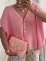 V-Neck Button Up Short Sleeve Cardigan - Trendsi - Flyclothing LLC