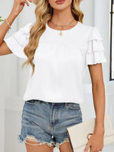 Smocked Round Neck Ruffled Layered Sleeve Blouse - Trendsi - Flyclothing LLC