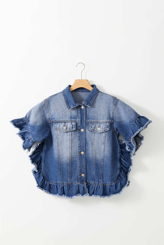 Ruffled Raw Hem Half Sleeve Denim Top - Trendsi - Flyclothing LLC