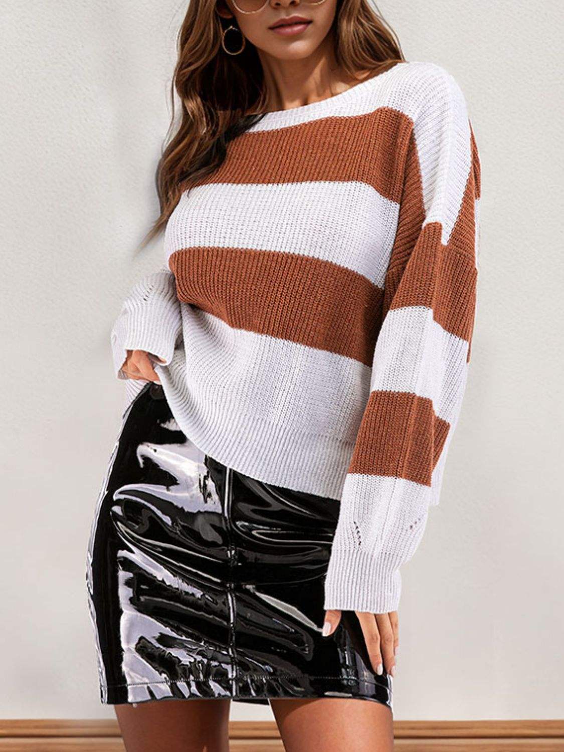 Perfee Color Block Dropped Shoulder Long Sleeve Sweater - Trendsi - Flyclothing LLC