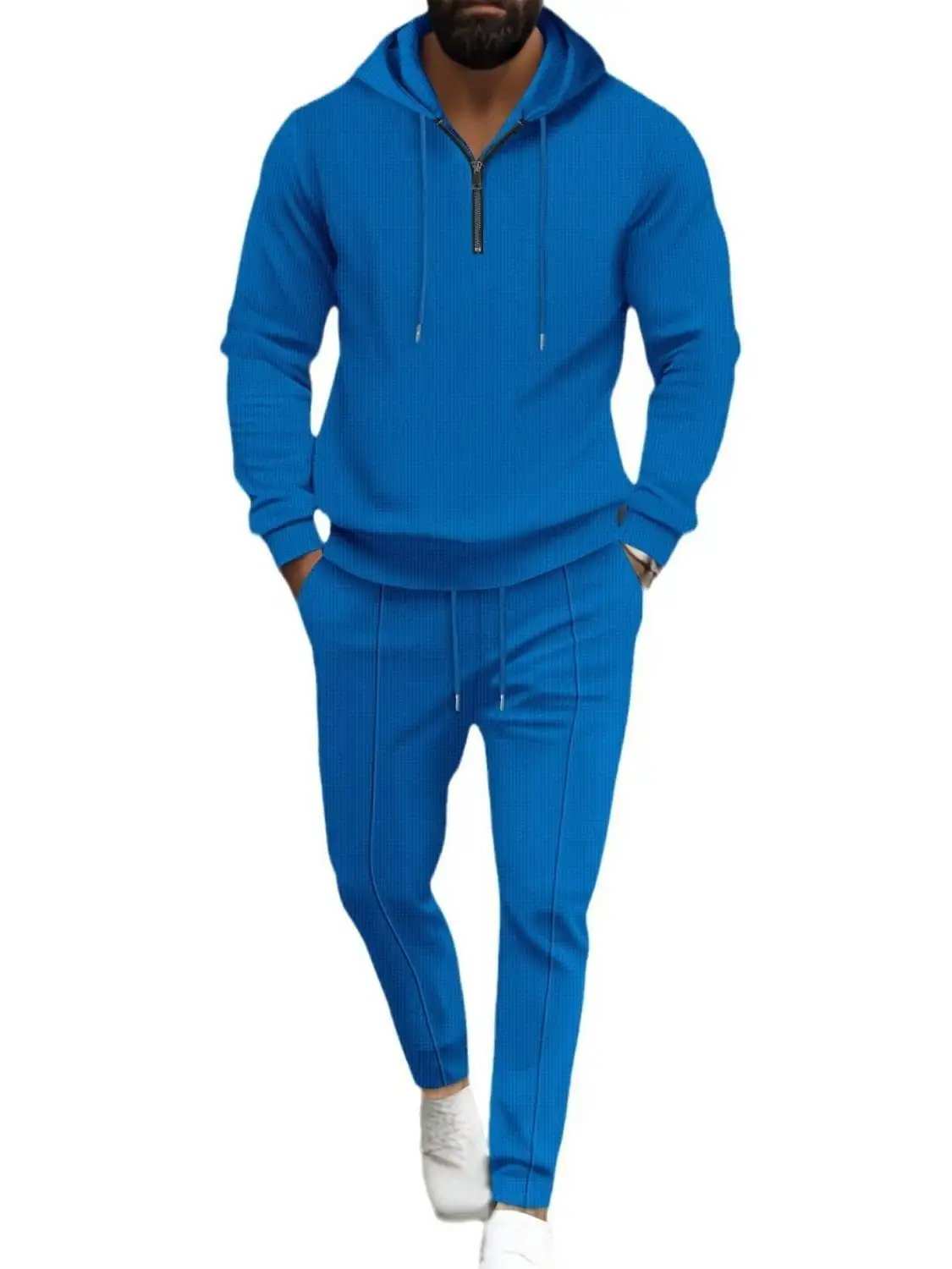 Men's Full Size Waffle-Knit Half Zipper Hoodie and Pants Set Plus Size - Trendsi - Flyclothing LLC
