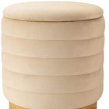 16" Beige and Natural Velvet Tufted Cylinder Storage Ottoman - HomeRoots - Flyclothing LLC