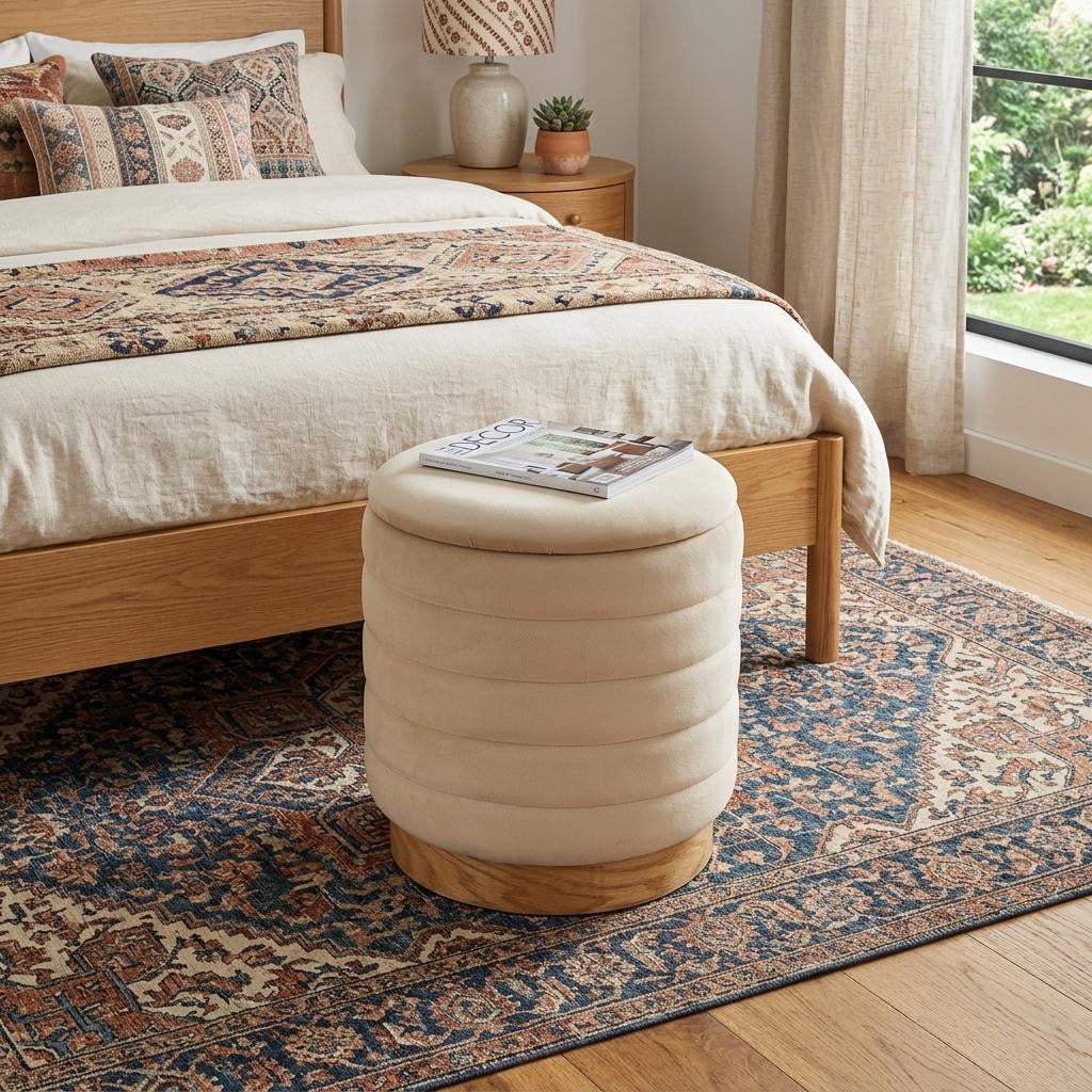 16" Beige and Natural Velvet Tufted Cylinder Storage Ottoman - HomeRoots - Flyclothing LLC