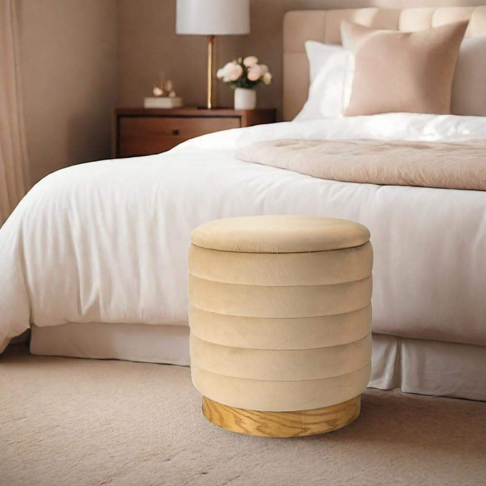 16" Beige and Natural Velvet Tufted Cylinder Storage Ottoman - HomeRoots - Flyclothing LLC