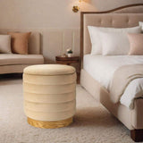 16" Beige and Natural Velvet Tufted Cylinder Storage Ottoman - HomeRoots - Flyclothing LLC