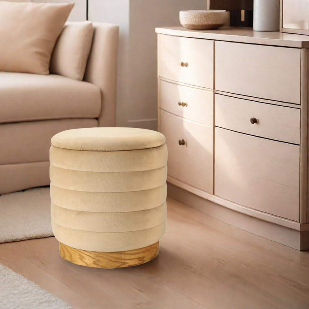 16" Beige and Natural Velvet Tufted Cylinder Storage Ottoman - HomeRoots - Flyclothing LLC
