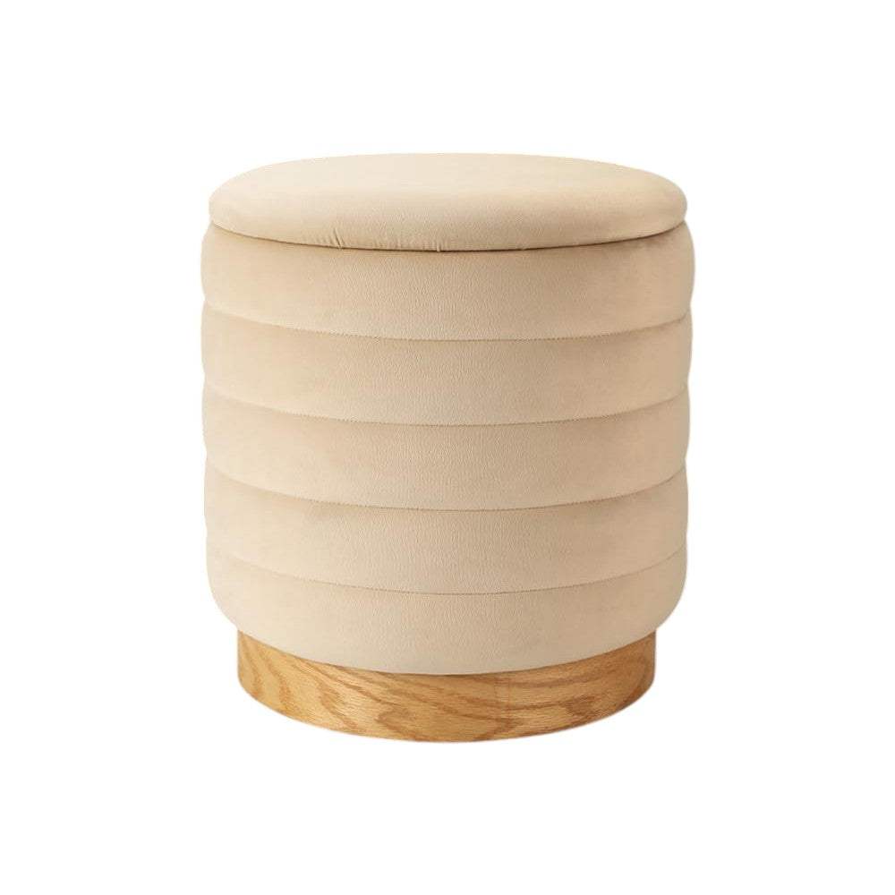 16" Beige and Natural Velvet Tufted Cylinder Storage Ottoman - HomeRoots - Flyclothing LLC