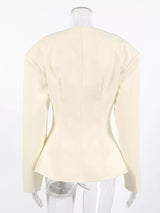 V-Neck Button-Up Blazer with Structured Shoulders - Trendsi - Flyclothing LLC