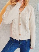 Cable-Knit V-Neck Button Down Long Sleeve Cardigan - Trendsi - Flyclothing LLC