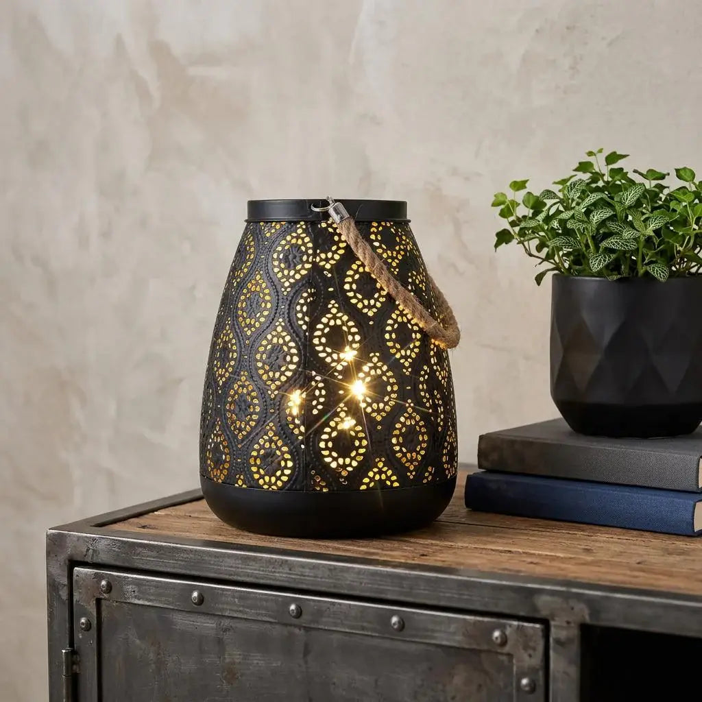 8" Black Metal Battery Operated Pierced Geometric Lantern - Homeroots - Flyclothing LLC