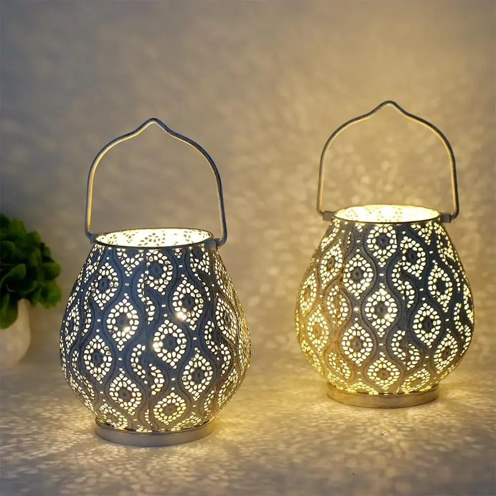 Set of Two 10" Beige Pierced Geometric Cordless Lantern Lamps - Homeroots - Flyclothing LLC