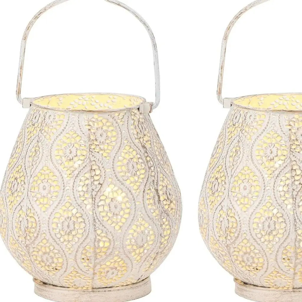Set of Two 10" Beige Pierced Geometric Cordless Lantern Lamps - Homeroots - Flyclothing LLC