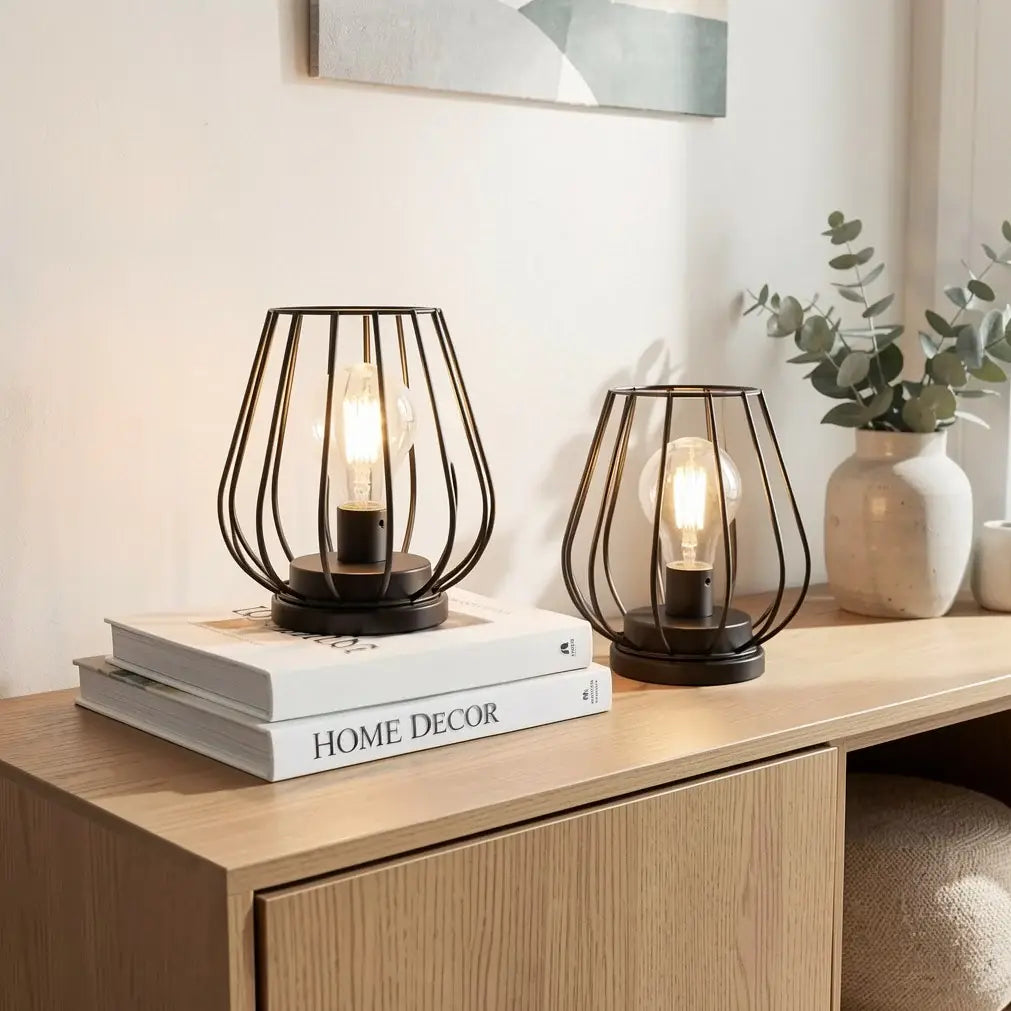 Set of Two 7" Black Geometric Cage Cordless Desk Lamps - Homeroots - Flyclothing LLC