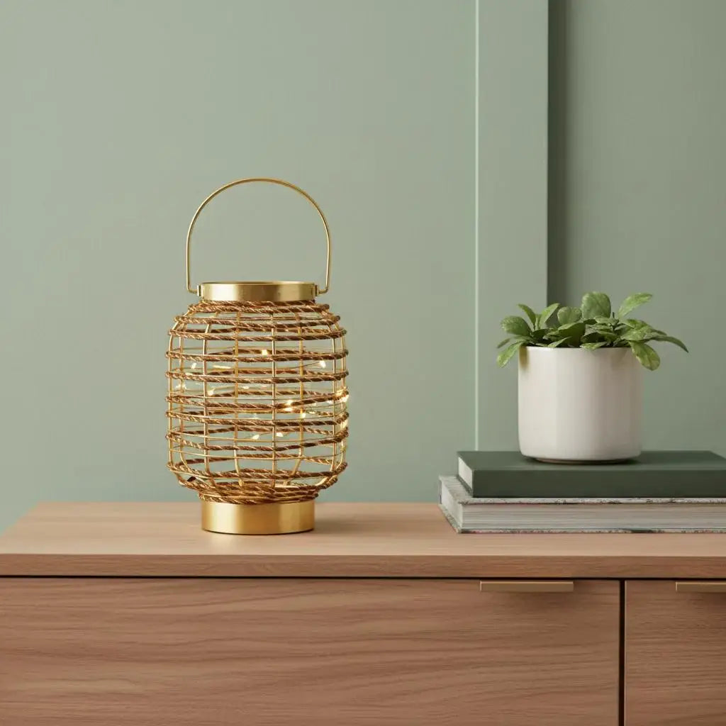 8" Distressed Gold Geometric Lantern Desk Lamp With Novelty Shade - Homeroots - Flyclothing LLC