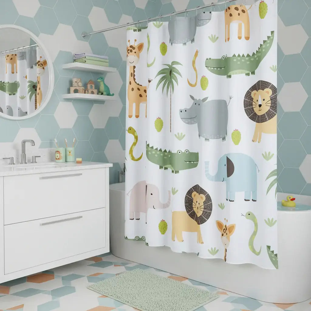 72" Blue Green And White Youthful Animal Print Shower Curtain - Homeroots - Flyclothing LLC