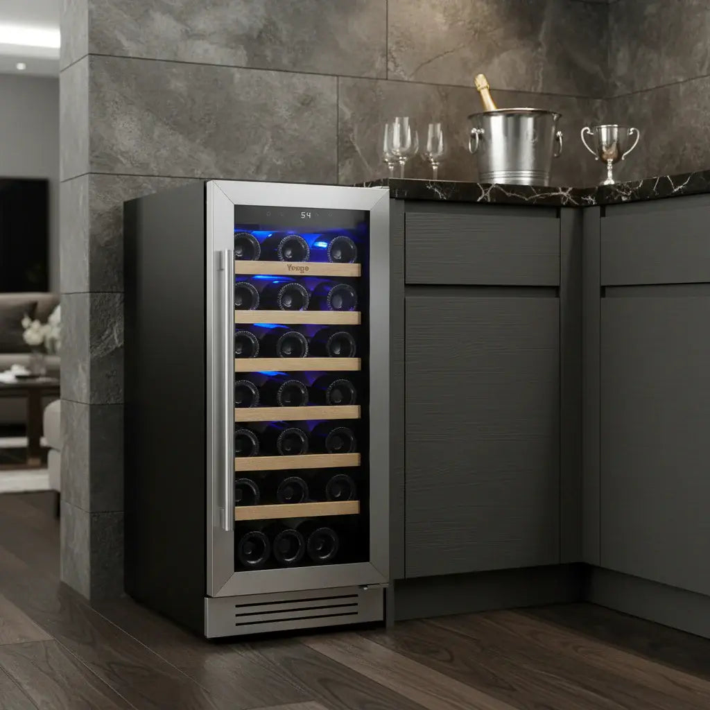 34" X 15" Silver Stainless Steel Single Compartment Wine Refrigerator - Homeroots - Flyclothing LLC