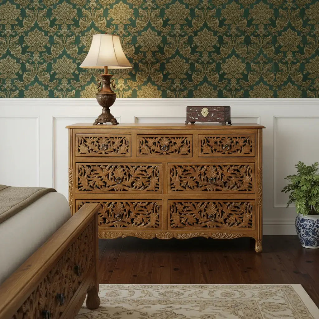 57" Brown Carved Floral Solid Wood Seven Drawer Dresser - Homeroots - Flyclothing LLC