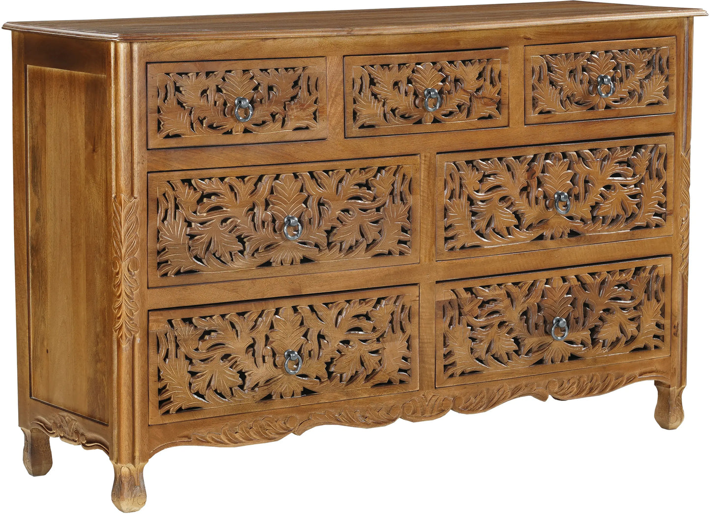 57" Brown Carved Floral Solid Wood Seven Drawer Dresser - Homeroots - Flyclothing LLC