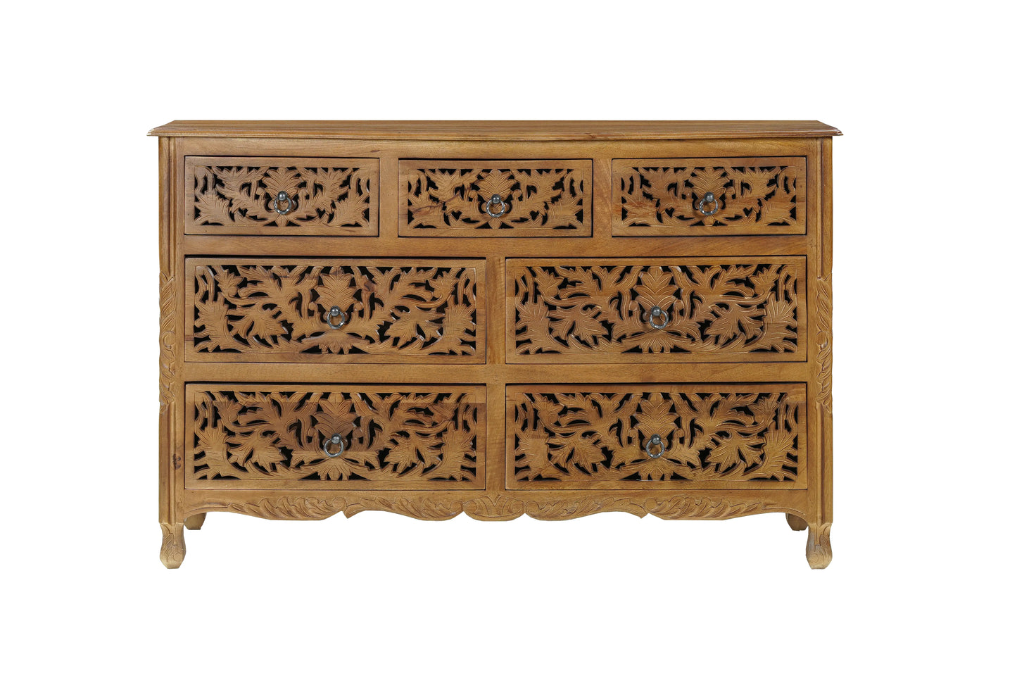 57" Brown Carved Floral Solid Wood Seven Drawer Dresser - Homeroots - Flyclothing LLC