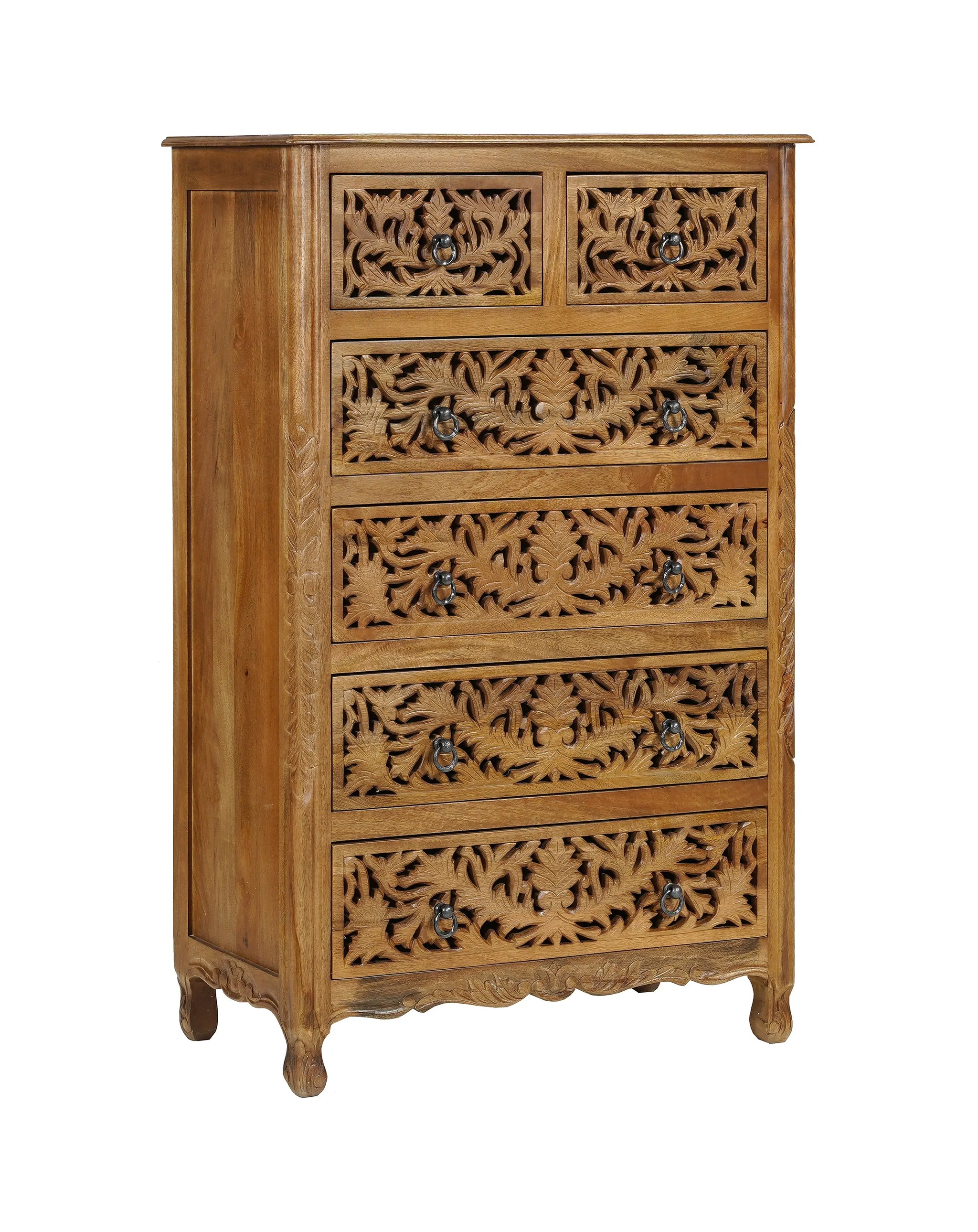35" Brown Carved Floral Solid Wood Six Drawer Dresser - Homeroots - Flyclothing LLC