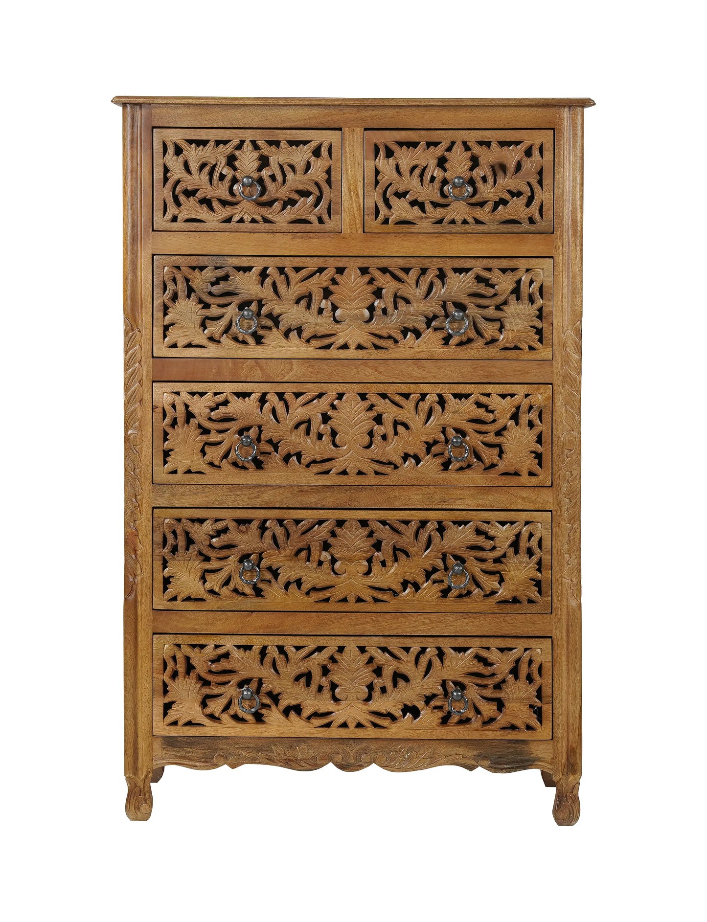 35" Brown Carved Floral Solid Wood Six Drawer Dresser - Homeroots - Flyclothing LLC