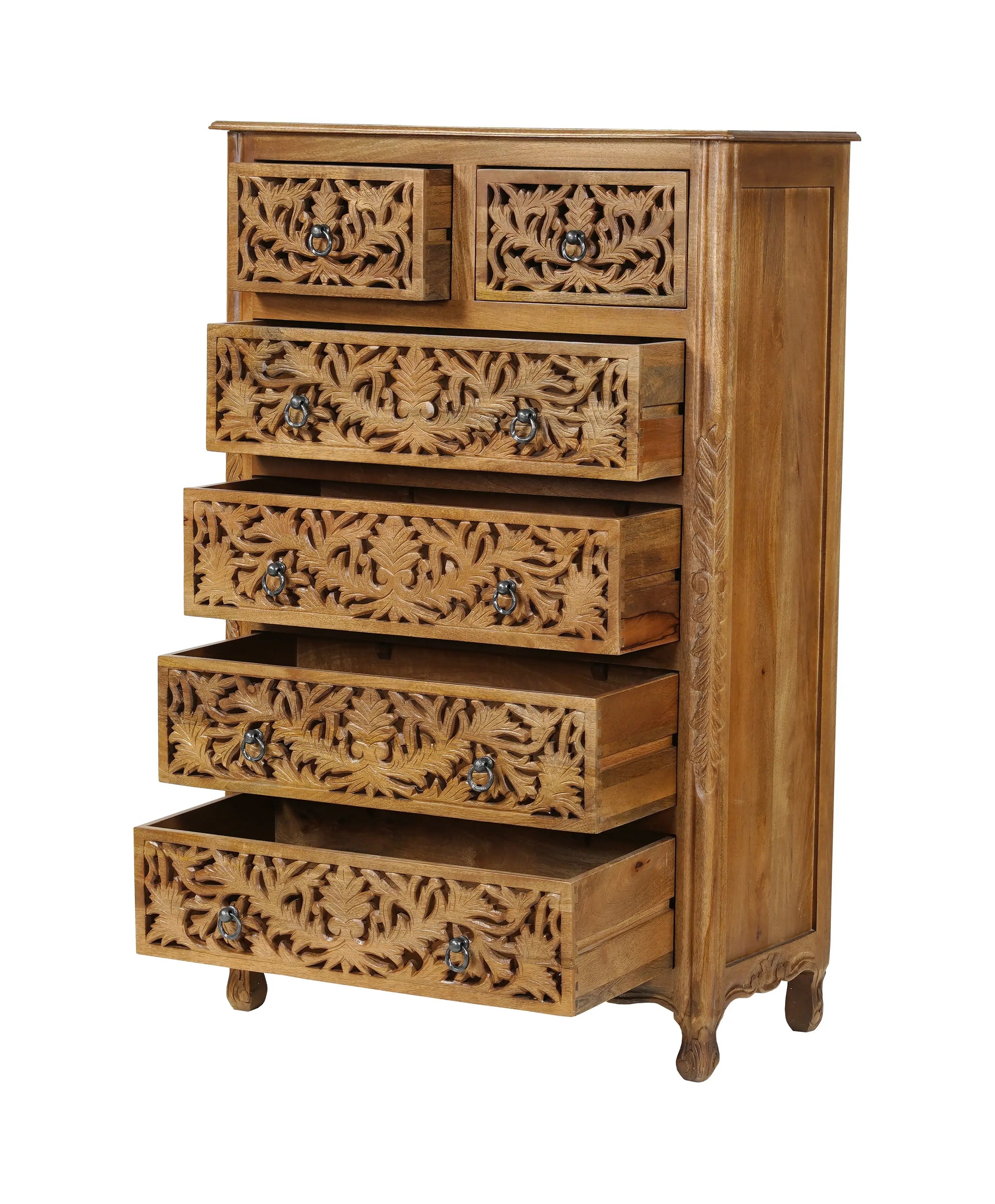 35" Brown Carved Floral Solid Wood Six Drawer Dresser - Homeroots - Flyclothing LLC