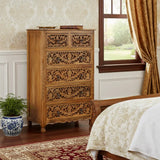 35" Brown Carved Floral Solid Wood Six Drawer Dresser - Homeroots - Flyclothing LLC