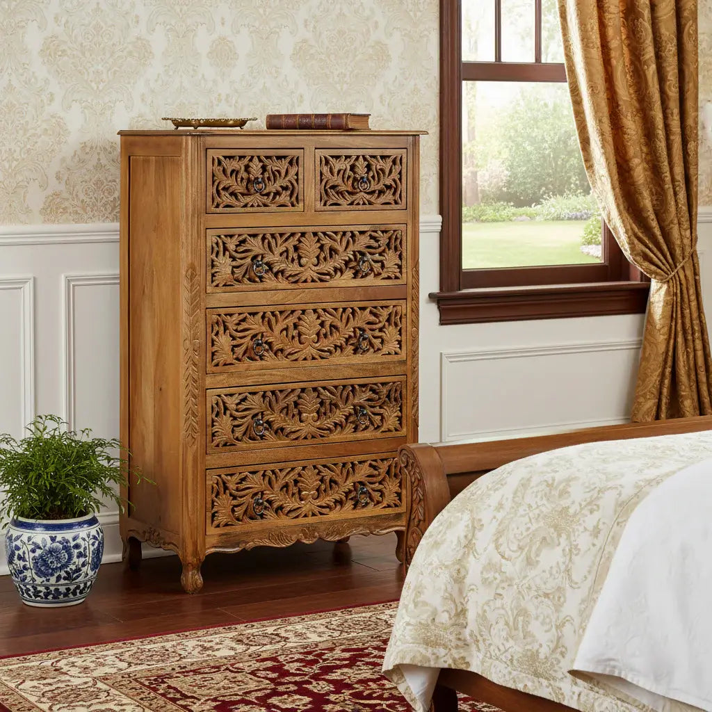 35" Brown Carved Floral Solid Wood Six Drawer Dresser - Homeroots - Flyclothing LLC