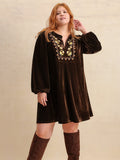 Plus Size Embroidered Notched Balloon Sleeve Mini Dress - Trendsi