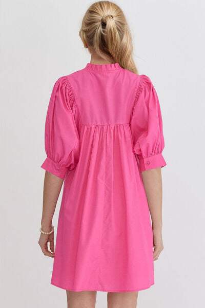 Oh Frill Notched Puff Sleeve Babydoll Mini Dress - Trendsi - Flyclothing LLC