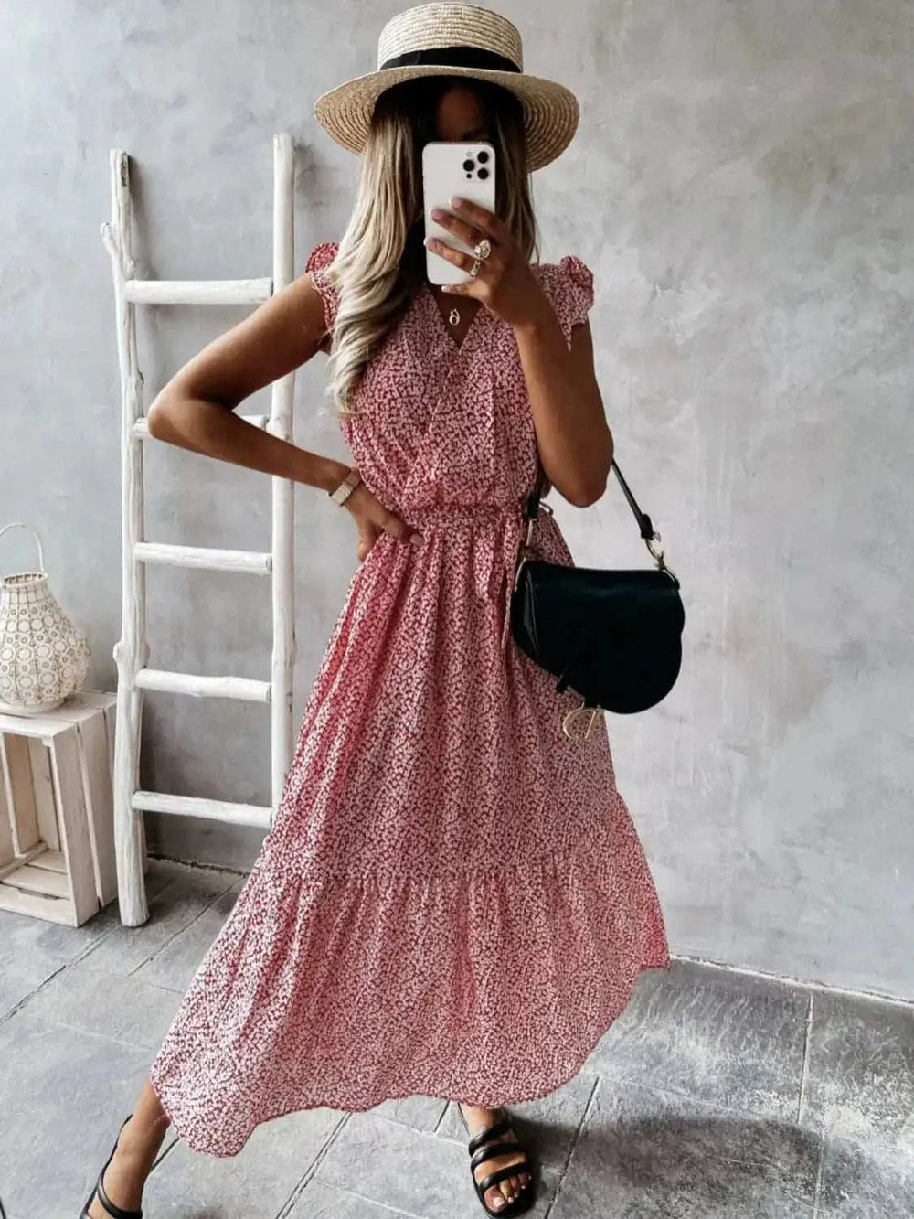 Ruffled Surplice Printed Cap Sleeve Dress - Trendsi - Flyclothing LLC